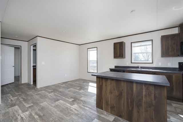 kitchen featuring dark brown cabinets, dark countertops, wood finished floors, and a center island