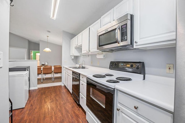 kitchen with black dishwasher, light countertops, stainless steel microwave, electric range oven, and white cabinets