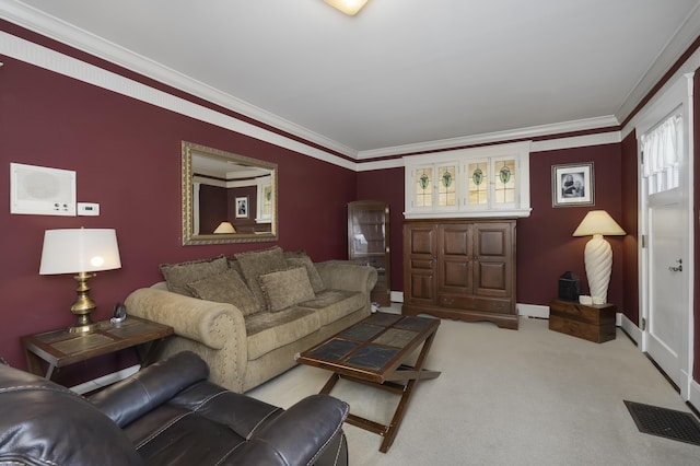 living room with baseboards, visible vents, crown molding, and light colored carpet