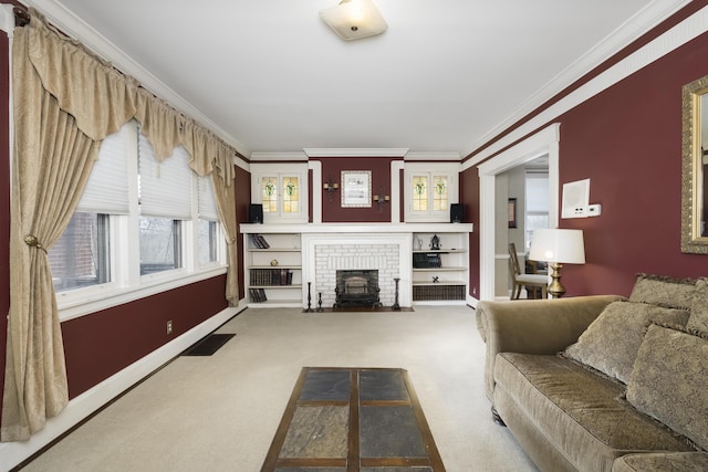 living room featuring carpet floors, visible vents, ornamental molding, and baseboards