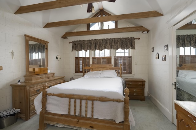 bedroom with light carpet and lofted ceiling with beams