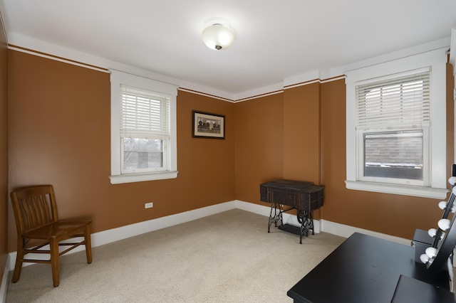 sitting room with light colored carpet and baseboards