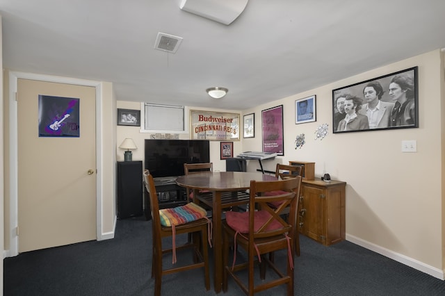 dining area with dark colored carpet, visible vents, and baseboards