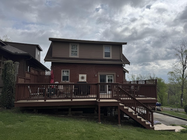 53 Brentwood Pl, Fort Thomas, KY 41075 - rear view of house with brick siding, a yard, a wooden deck, and stairway