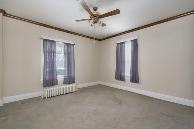 empty room featuring carpet floors, radiator heating unit, ornamental molding, a ceiling fan, and baseboards