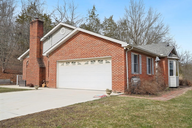 view of home's exterior featuring concrete driveway, brick siding, a chimney, and an attached garage