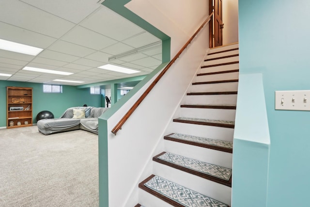 stairs featuring carpet and a drop ceiling