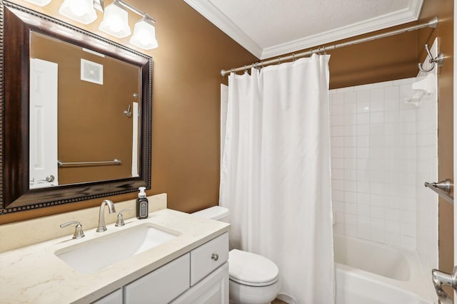 full bath with visible vents, toilet, crown molding, shower / bath combination with curtain, and vanity