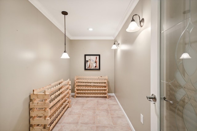 corridor with crown molding, light tile patterned floors, and baseboards