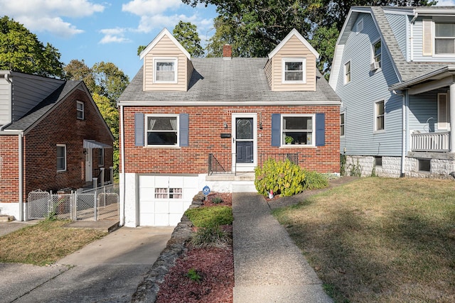 cape cod house featuring a garage, driveway, brick siding, fence, and a front yard