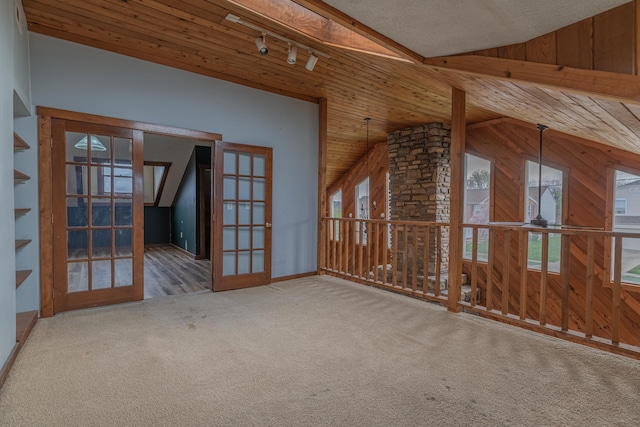 9208 Hawksridge Dr, Covington, KY 41017 - additional living space featuring vaulted ceiling, wood ceiling, carpet, and french doors