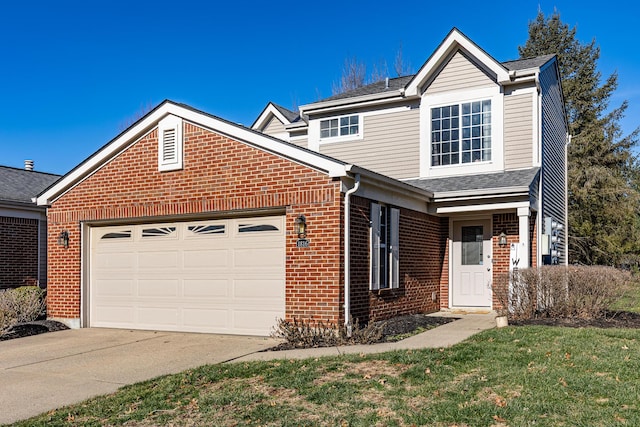 traditional home featuring an attached garage, driveway, roof with shingles, and brick siding