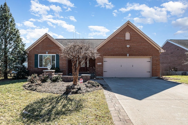 ranch-style home with a front yard, brick siding, concrete driveway, and an attached garage