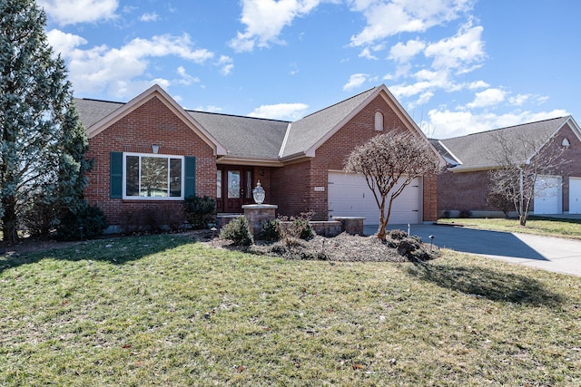 ranch-style house featuring brick siding, a shingled roof, a front lawn, a garage, and driveway