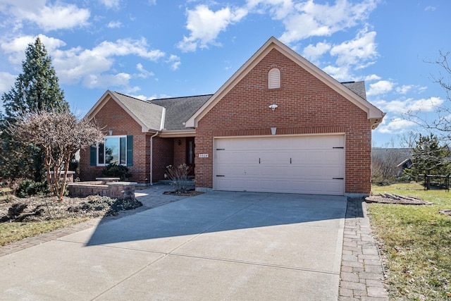 view of front of house with concrete driveway, an attached garage, brick siding, and a shingled roof