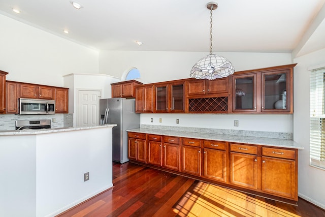 kitchen with dark wood-style floors, stainless steel appliances, glass insert cabinets, and lofted ceiling