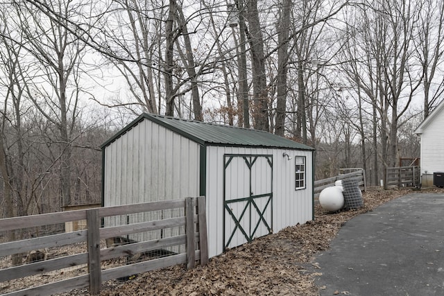 view of shed featuring fence