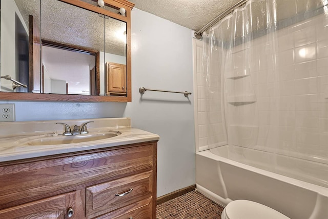 bathroom featuring tile patterned floors, shower / bathtub combination with curtain, toilet, a textured ceiling, and vanity