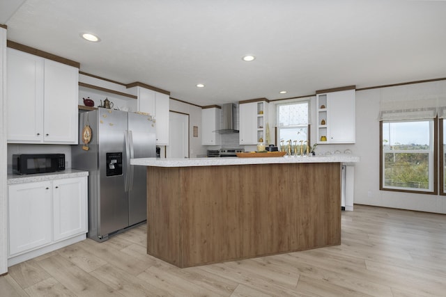 kitchen featuring white cabinets, wall chimney exhaust hood, open shelves, and stainless steel appliances