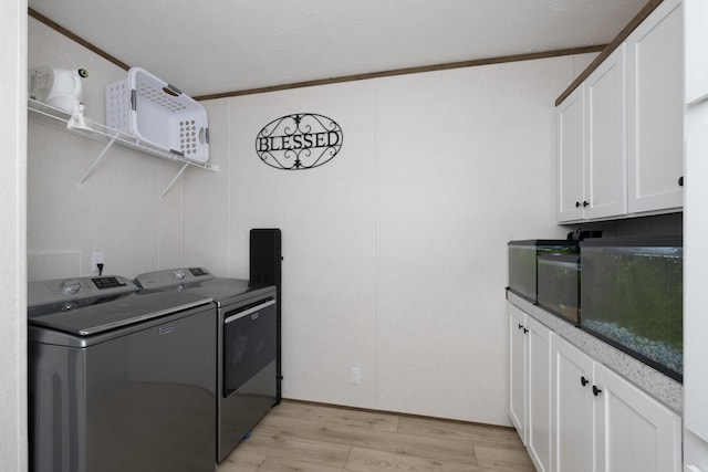 laundry area featuring ornamental molding, cabinet space, washer and clothes dryer, and light wood finished floors