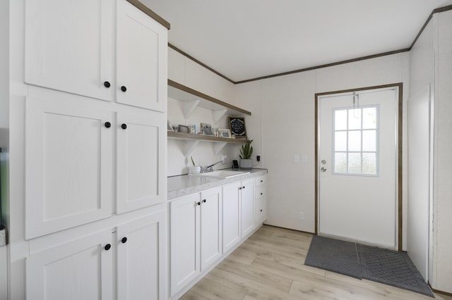 interior space featuring ornamental molding, a sink, and light wood finished floors