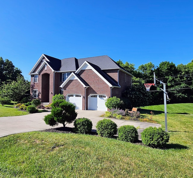 view of front of property featuring driveway, brick siding, an attached garage, and a front yard