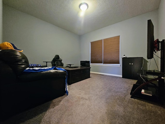 interior space featuring a textured ceiling, baseboards, and carpet flooring