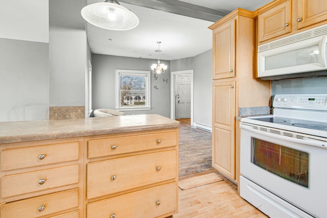 kitchen with white appliances, an inviting chandelier, light countertops, light wood-type flooring, and light brown cabinets