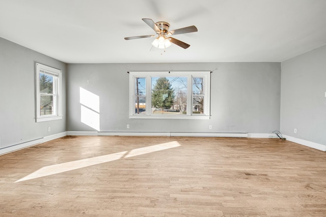 empty room with a ceiling fan, baseboards, and wood finished floors