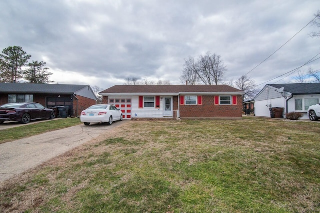 ranch-style home featuring an attached garage, brick siding, driveway, and a front lawn