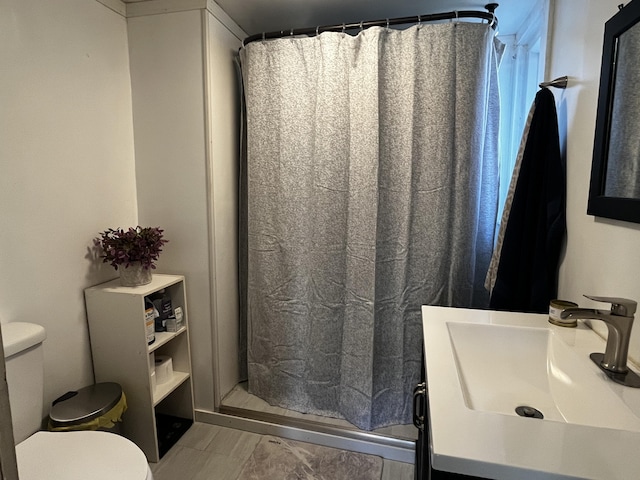 bathroom with toilet, a stall shower, and vanity