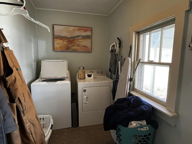 washroom featuring laundry area, washer and clothes dryer, carpet flooring, and crown molding