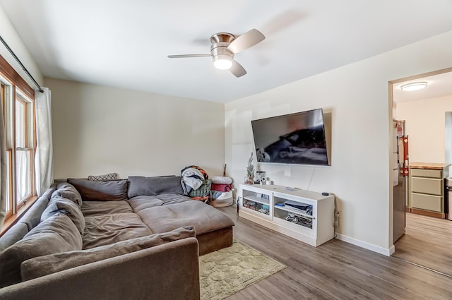 living area with ceiling fan, baseboards, and wood finished floors