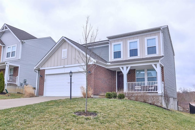 view of front of property with driveway, a front yard, board and batten siding, and brick siding