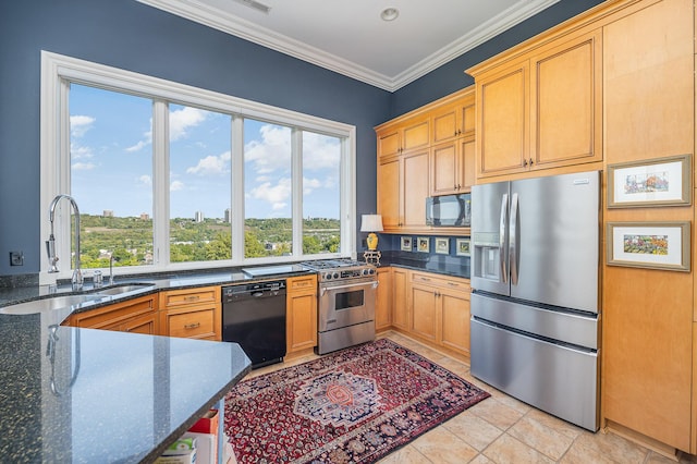 kitchen featuring light tile patterned floors, ornamental molding, a sink, dark stone countertops, and black appliances