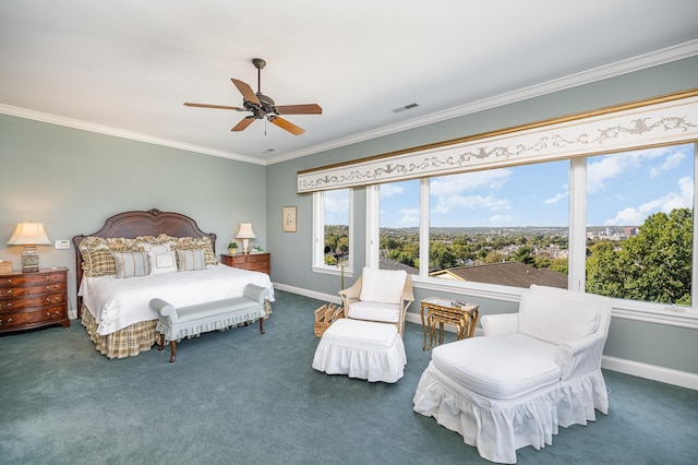 carpeted bedroom featuring ornamental molding, visible vents, baseboards, and a ceiling fan