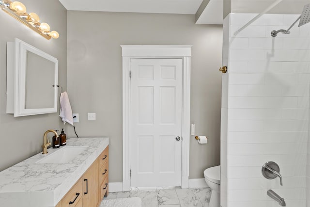 full bath featuring toilet, marble finish floor, vanity, and baseboards