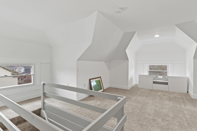 additional living space featuring carpet, baseboards, and vaulted ceiling