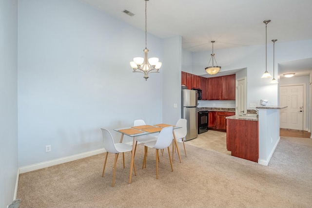 dining area featuring high vaulted ceiling, baseboards, visible vents, and light colored carpet