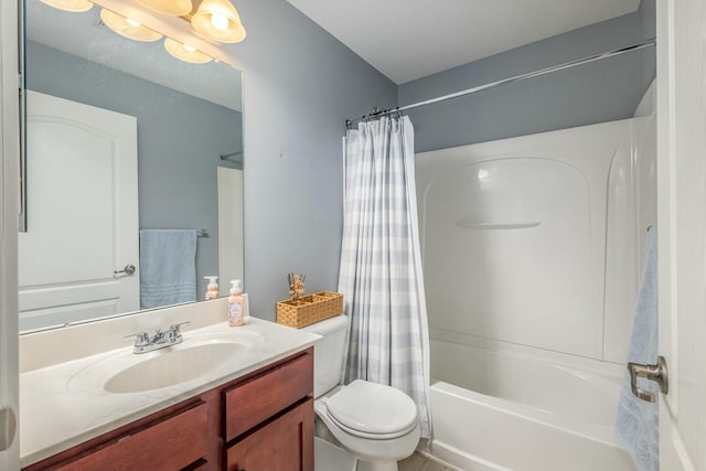 bathroom featuring shower / bath combination with curtain, vanity, and toilet