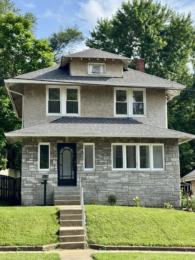 1307 Highway Ave, Covington, KY 41011 - traditional style home with stone siding, a chimney, stucco siding, entry steps, and a shingled roof