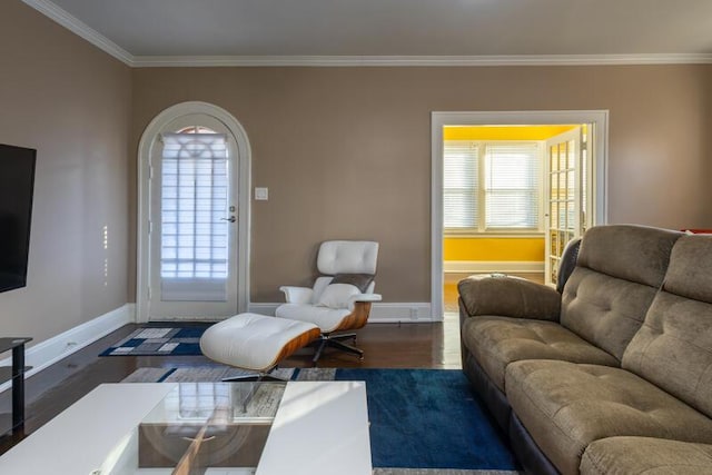 living area with baseboards, plenty of natural light, wood finished floors, and ornamental molding