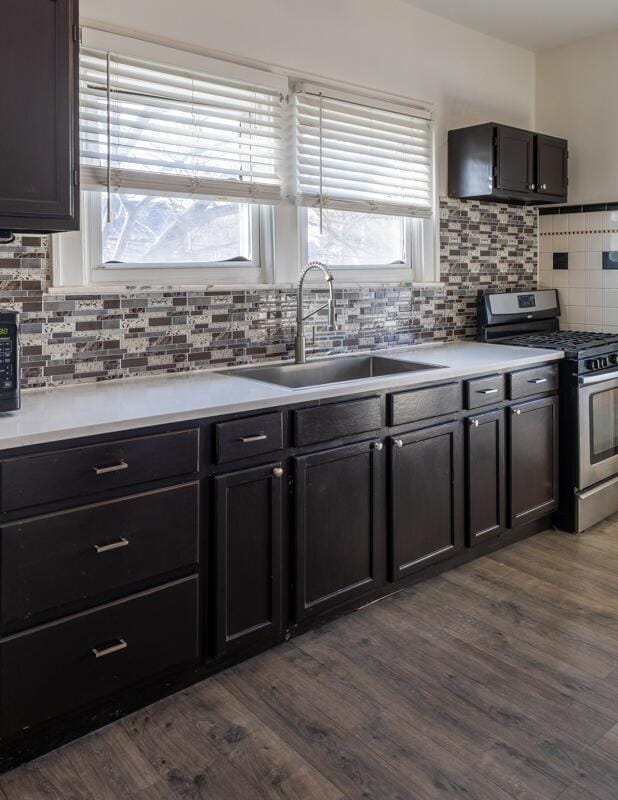 kitchen featuring a sink, dark wood-style floors, a wealth of natural light, and stainless steel range with gas stovetop