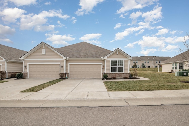 ranch-style home featuring an attached garage, brick siding, concrete driveway, roof with shingles, and a front lawn