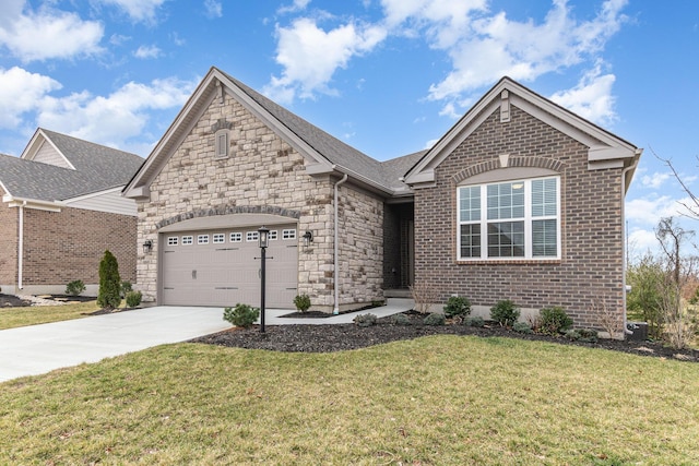 view of front facade featuring brick siding, a shingled roof, concrete driveway, an attached garage, and a front lawn