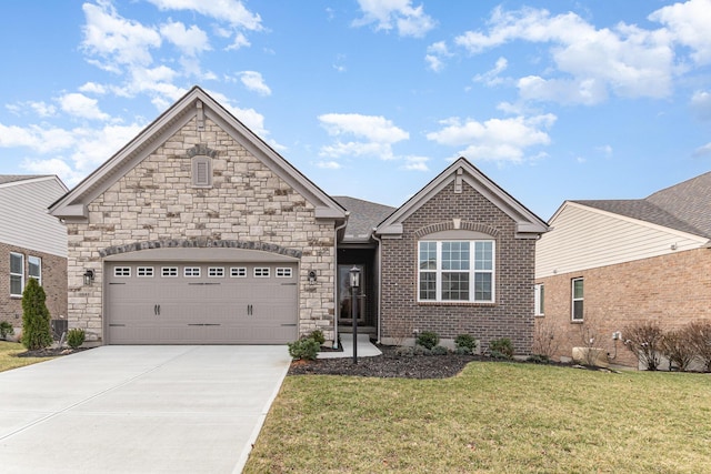 view of front of house featuring a garage, a front yard, concrete driveway, and brick siding