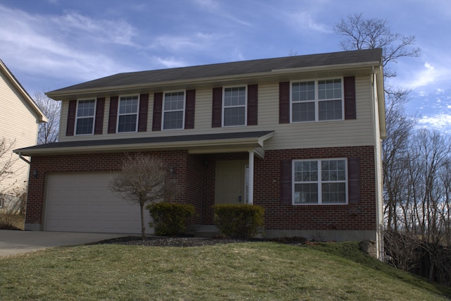 view of front of house featuring concrete driveway, a front lawn, an attached garage, and brick siding