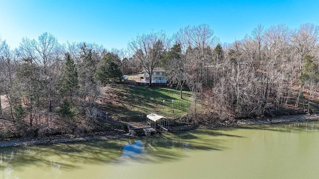 property view of water with a forest view and a dock