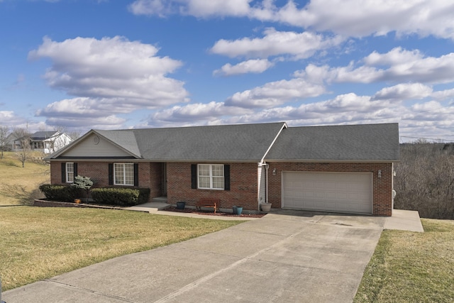 single story home with an attached garage, brick siding, driveway, and a front lawn