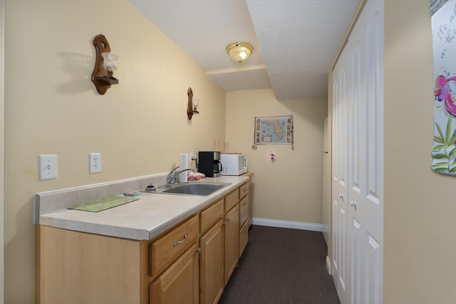 kitchen featuring light countertops, white microwave, a sink, a textured ceiling, and baseboards